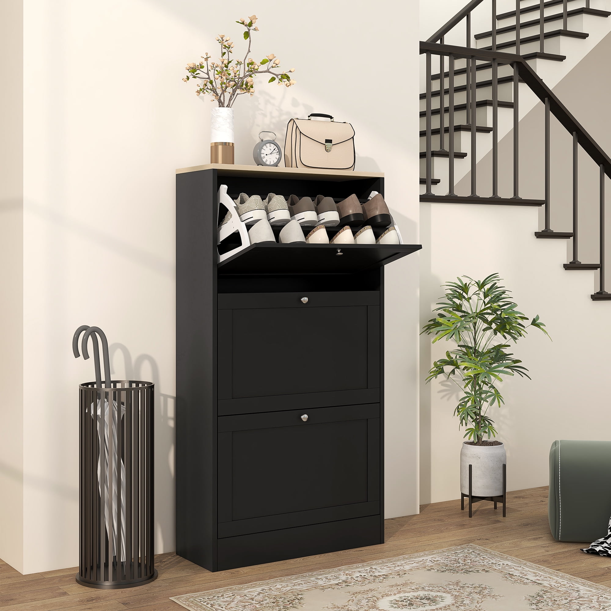 Black Wood Narrow Shoe Storage Cabinet with 3 Flip Drawers
