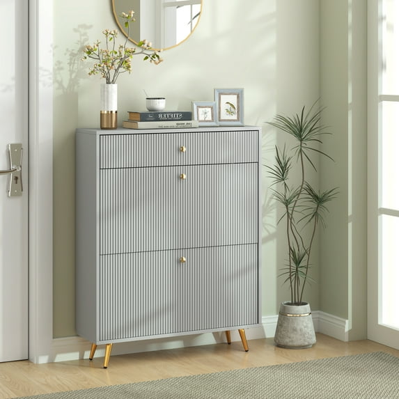 HOMCOM Narrow Shoe Storage Cabinet for Entryway with Wave-like Panels and Adjustable Shelves for 12 Pairs of Shoes, Gray