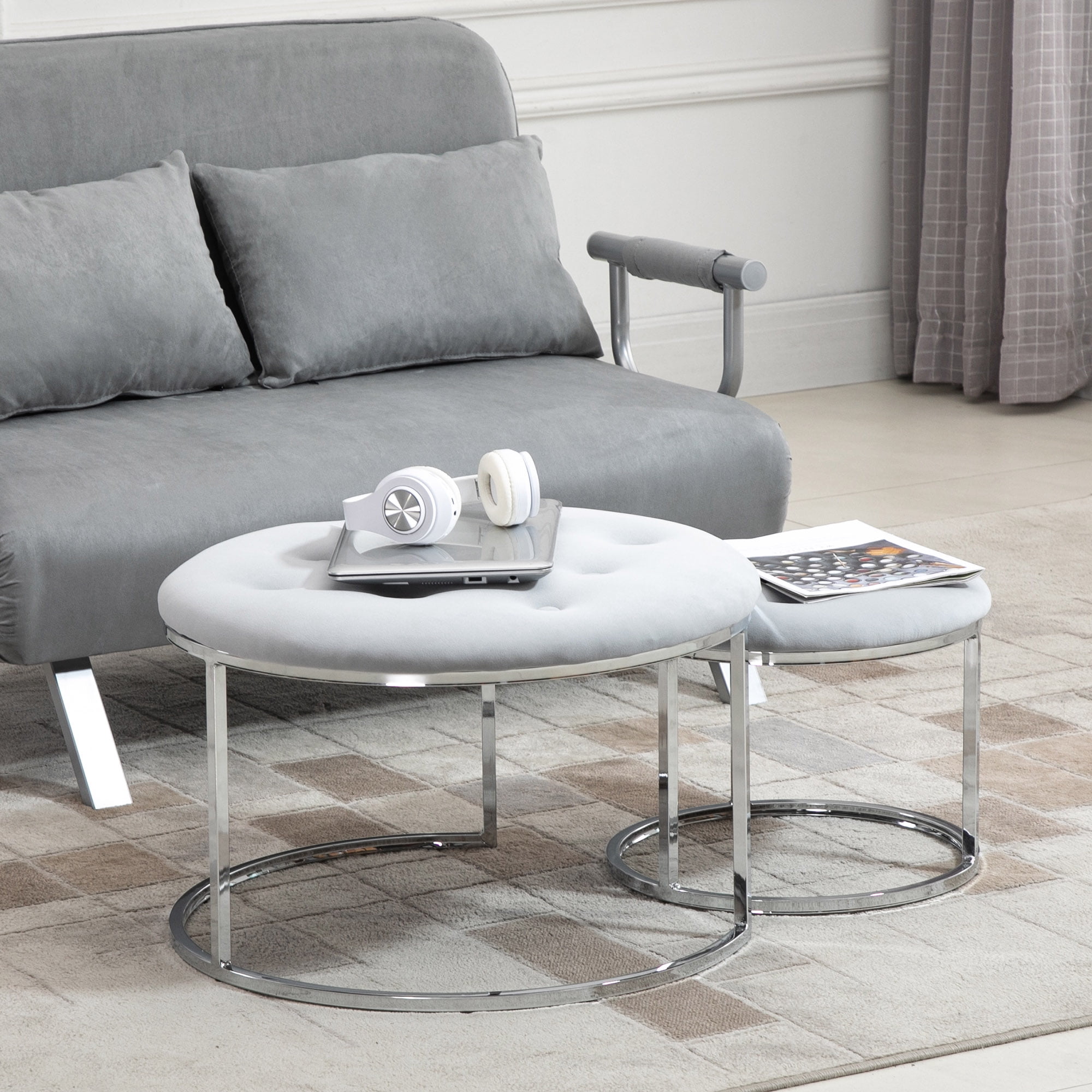 HOMCOM Nesting Coffee Table Set of 2, Round End Tables with Velvet-Feel ...