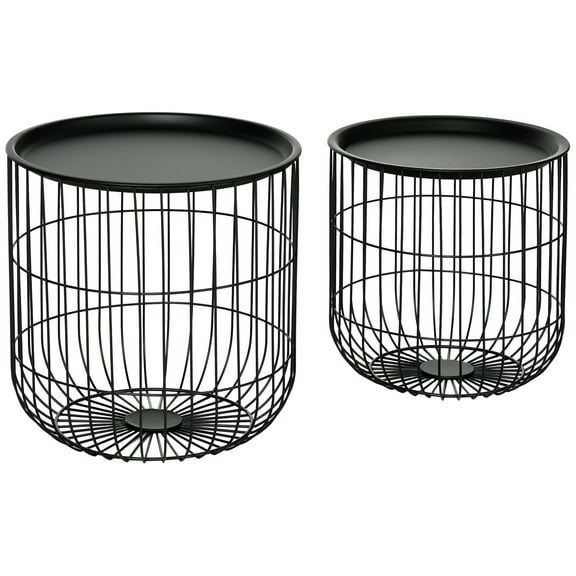 HOMCOM Nesting Coffee Tables Set of 2, Round Black Steel Wire Basket with Removable Top, Stacking End Tables for Living Room, Blanket Storage, 15.75" D