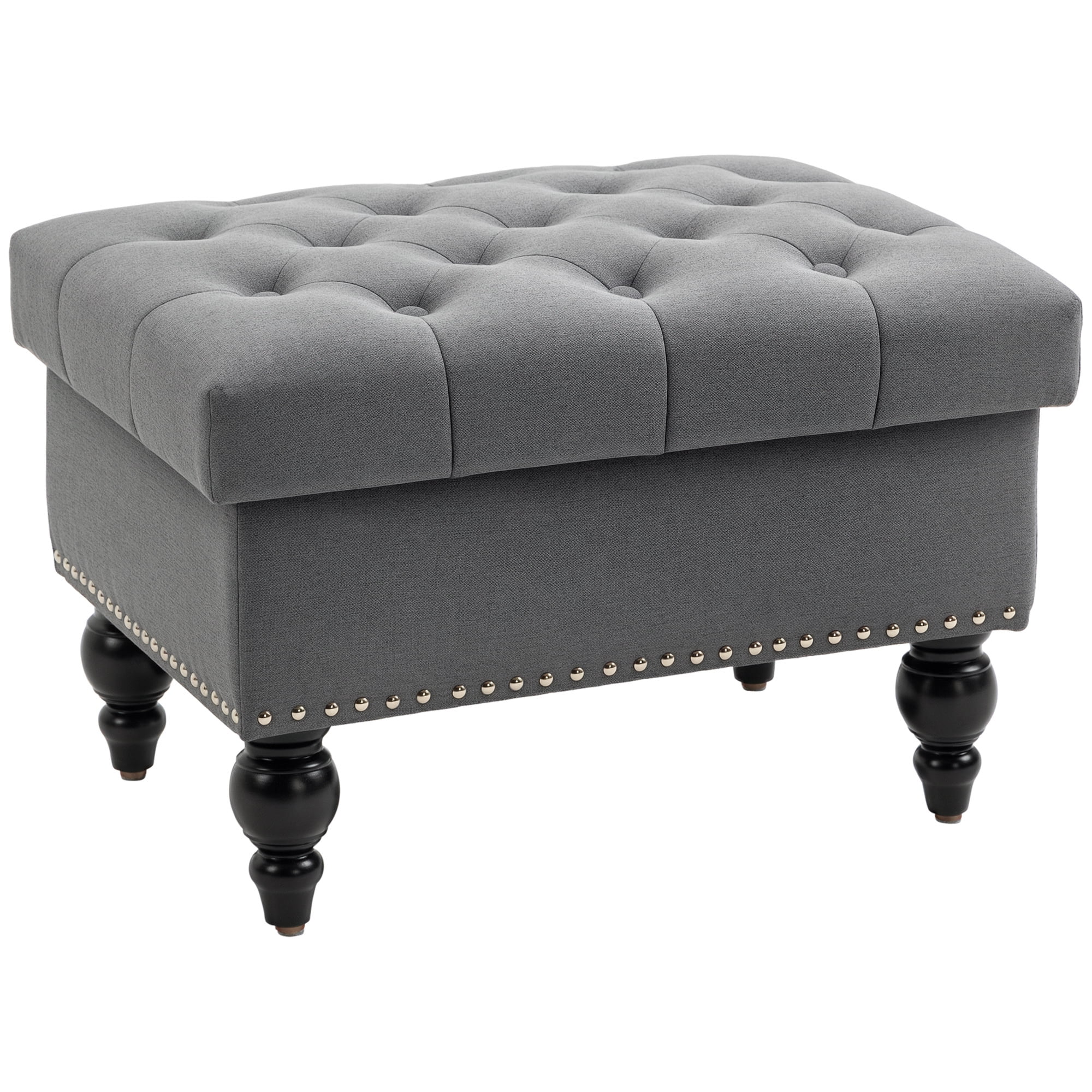 HOMCOM Ottoman with Storage for Living Room, 25" Storage Ottoman with Removable Lid, Button-Tufted Fabric Bench for Footrest and Seat with Wood Legs, Gray