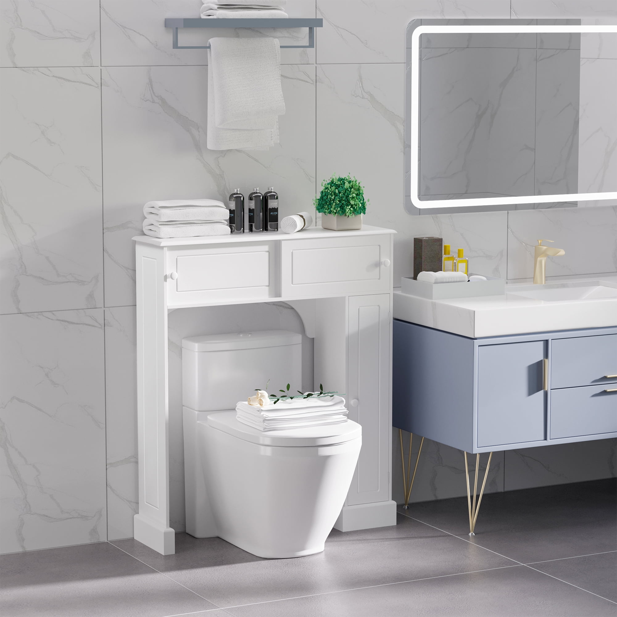 HOMCOM Over The Toilet Bathroom Cabinet, Freestanding Bathroom Storage Organizer with Adjustable Shelves, Toilet Rack, White