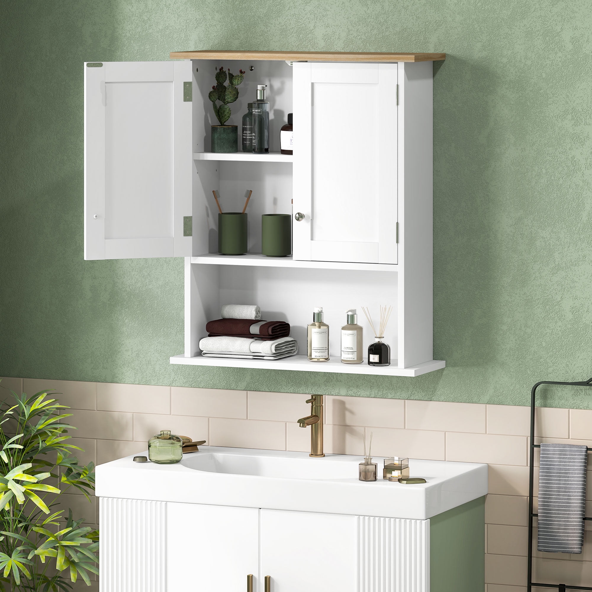 HOMCOM Over the Toilet Bathroom Wall Cabinet, Modern Bathroom Cabinet Wall Mounted Medicine Cabinet with 2 Doors, Adjustable Shelf, White