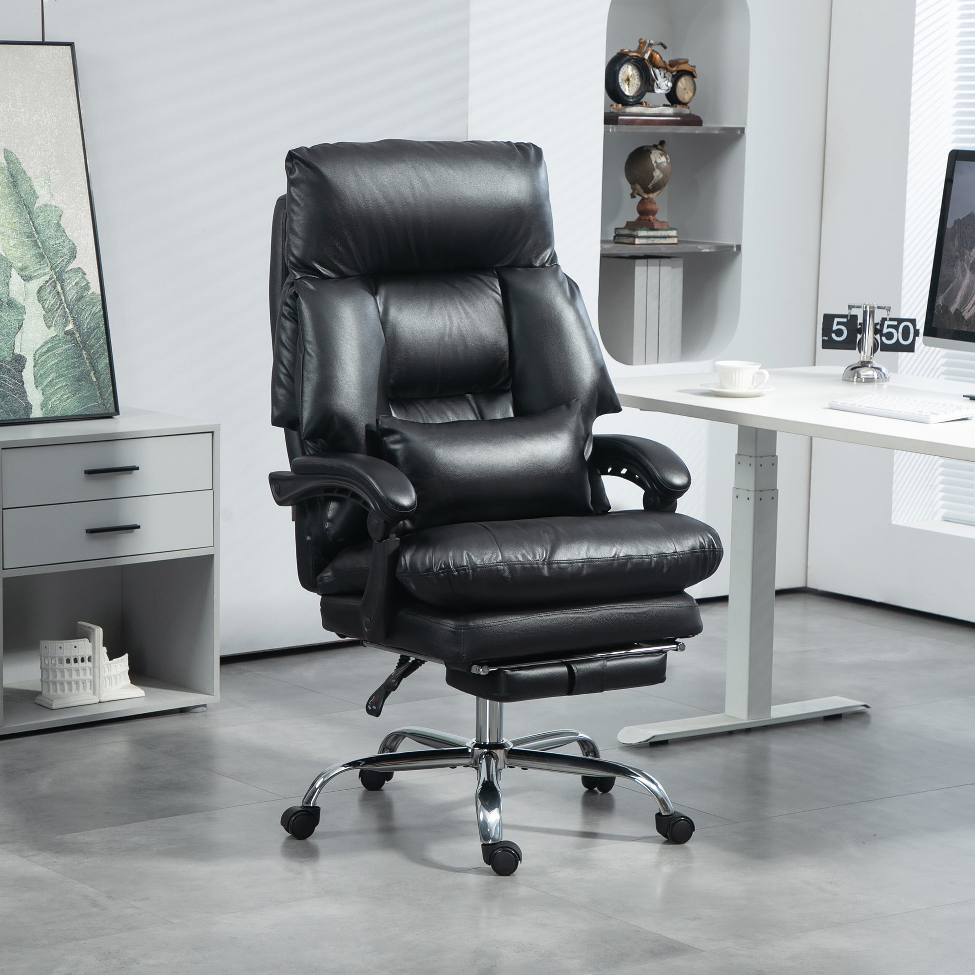 HOMCOM Overstuffed Executive Office Chair, High Back PU Leather Swivel Desk Chair with Foot Rest, Thick Padded, Adjustable Height, Black