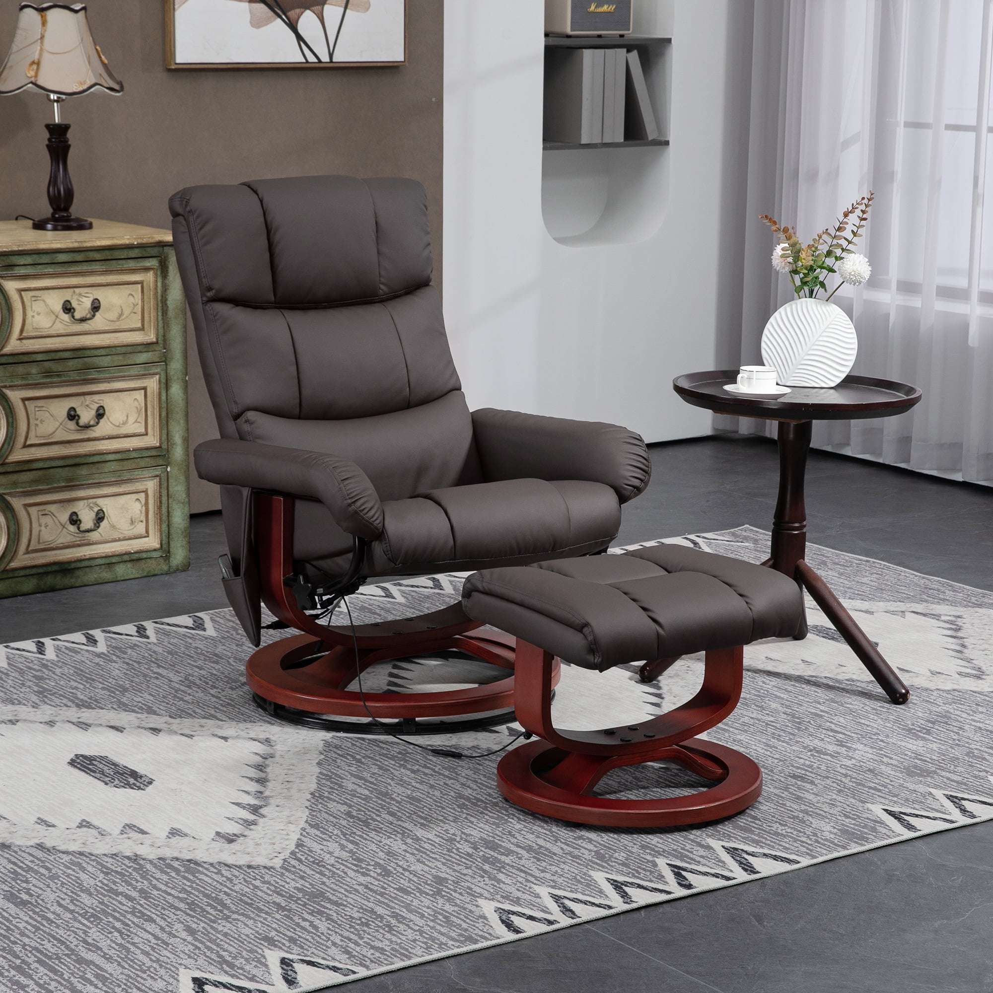 Brown Faux Leather Swivel Massage Recliner with Ottoman