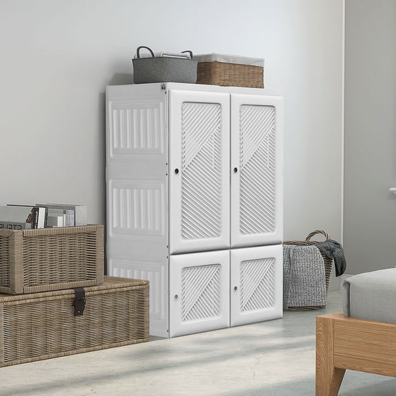 HOMCOM Portable Wardrobe Closet with 3 Cube Compartments, Hanging Rod, Magnet Doors, Easy Assembly, White