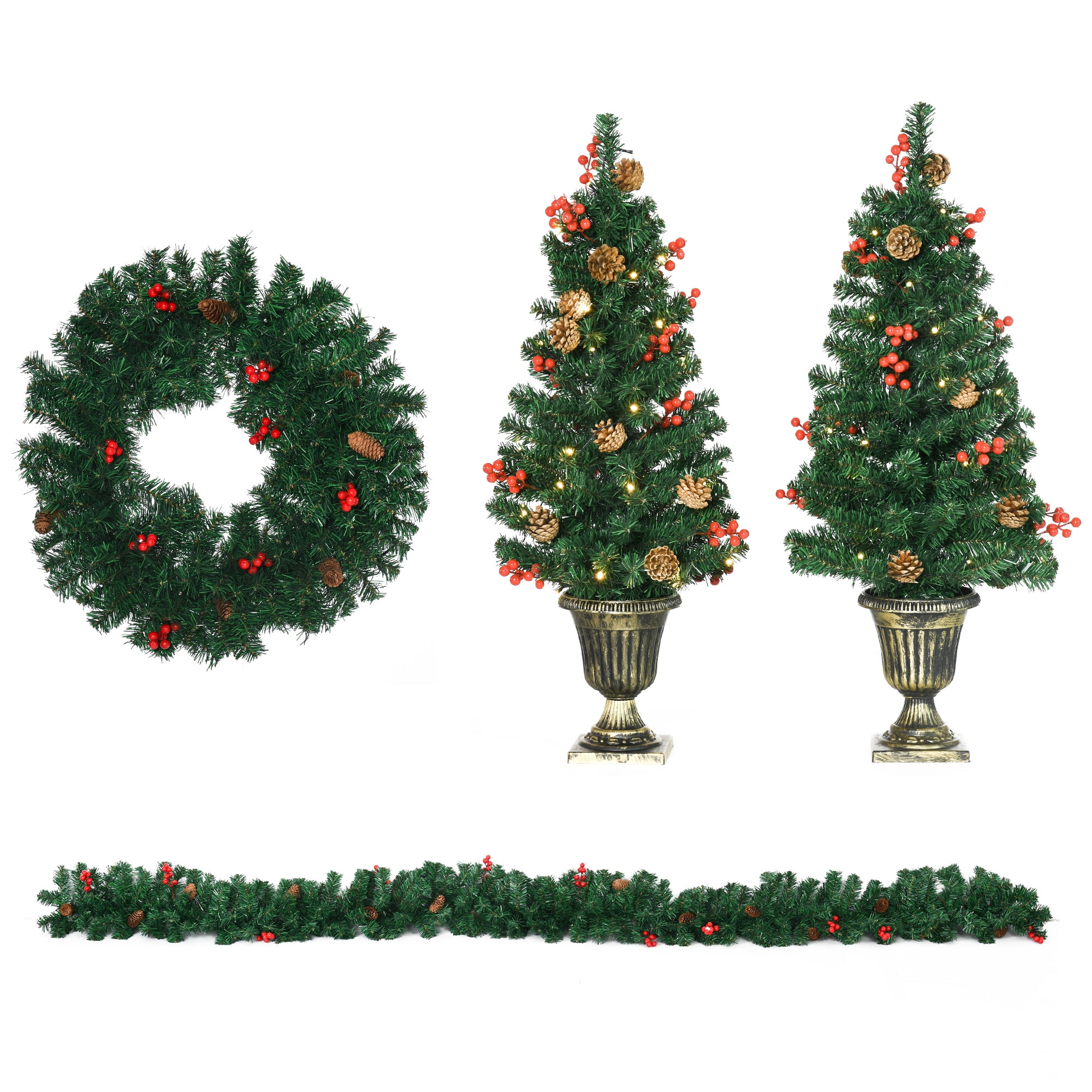 Prelit Holiday Christmas 4Piece Set, Garland Wreath and Set of
