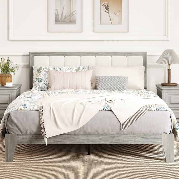 HOMCOM Queen Bed Frame with Upholstered Headboard, Queen Size Platform Bed Frame with Wooden Slats, No Box Spring Needed, Easy Assembly, Gray