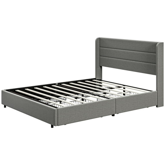HOMCOM Queen Size Bed Frame with Headboard 4 Drawers Noise-Free, Light Gray