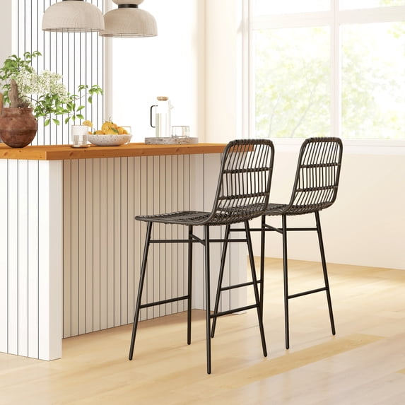 HOMCOM Rattan Counter Height Bar Stools Set of 2, 26" Wicker Barstools with Back, Bar Chairs for Kitchen Island, Kitchen Counter, Dining Room, Black
