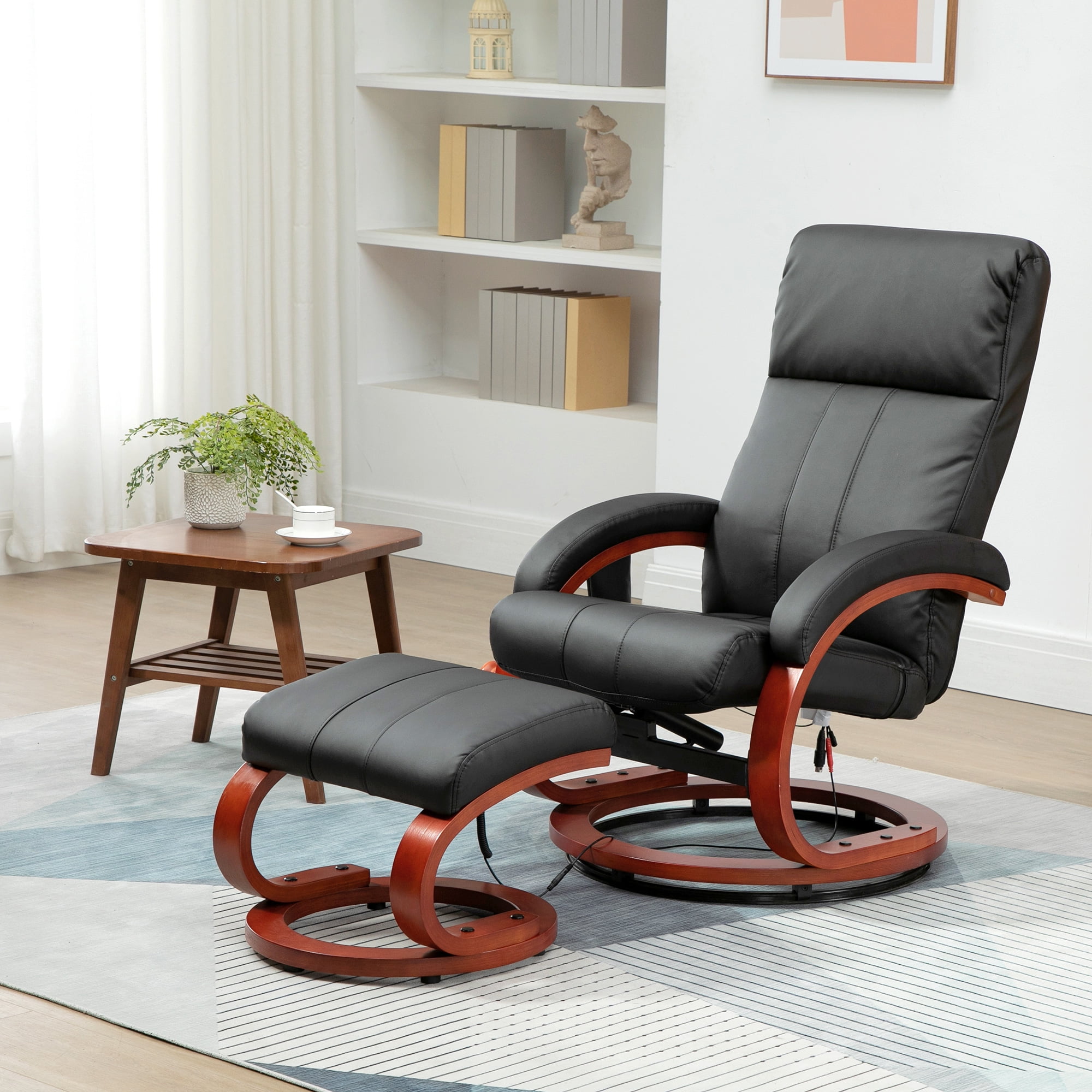 Black Faux Leather Swivel Recliner with Ottoman and Massage