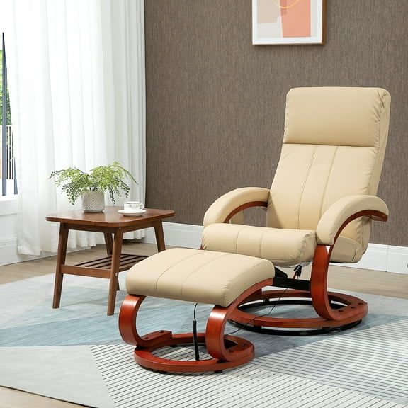 HOMCOM Recliner Chair with Ottoman, Electric Faux Leather Recliner with 10 Vibration Points and 5 Massage Mode, Reclining Chair with Remote Control, Swivel Wood Base and Side Pocket, Beige