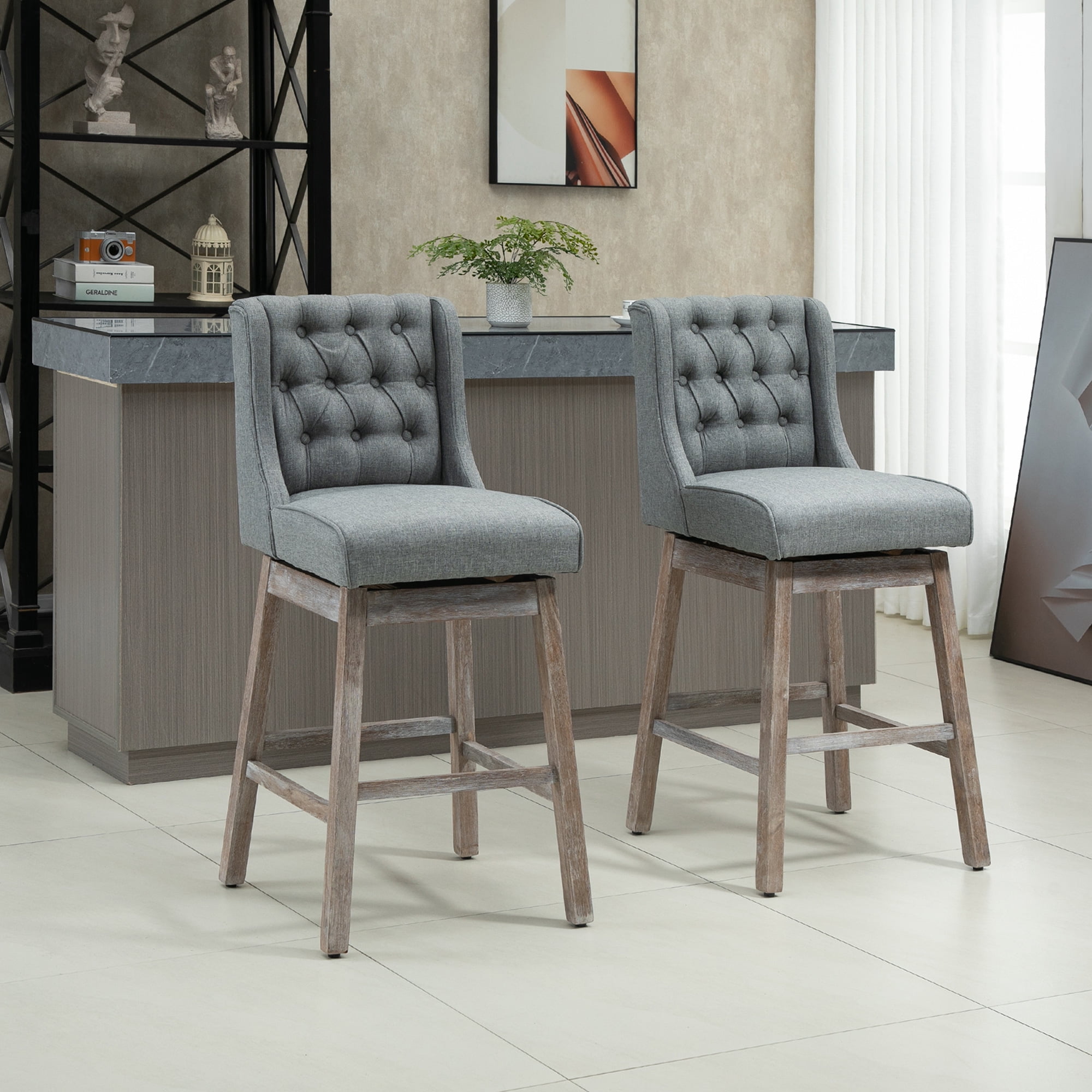 Gray Swivel Bar Stools with Wood Footrests, Set of 2