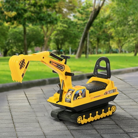 HOMCOM Ride On Excavator Toy for Toddlers 18-48 Months, Construction Truck Walker Scooter with Movable Bucket, Storage Compartment, Horn, Yellow Black