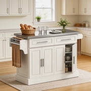 HOMCOM Rolling Kitchen Cart on Wheels, Portable Kitchen Cart with Stainless Steel Top, 2 Drawers, Spice, Knife and Towel Rack, Cream White