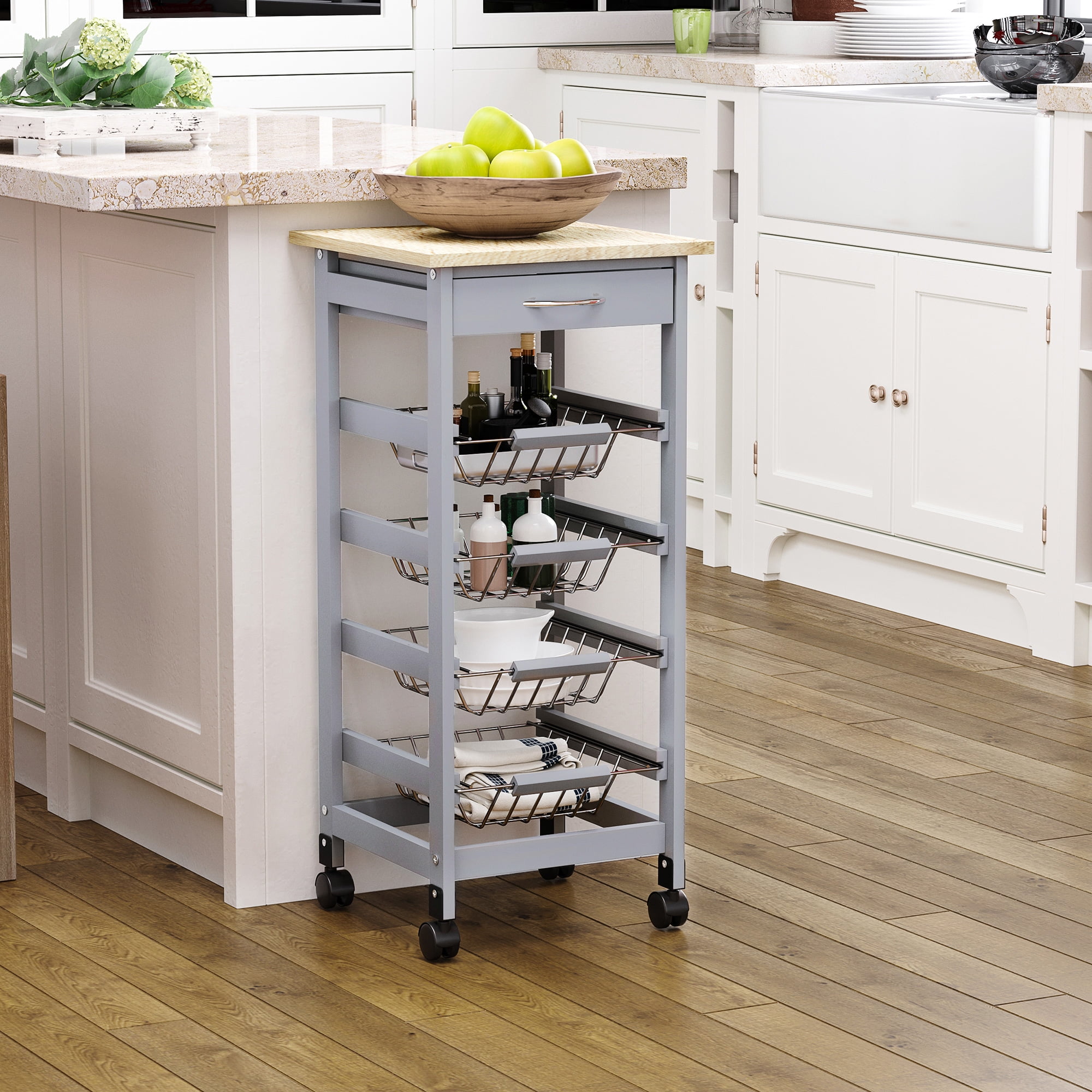 Gray Wooden Rolling Kitchen Cart with Storage Drawer and Baskets