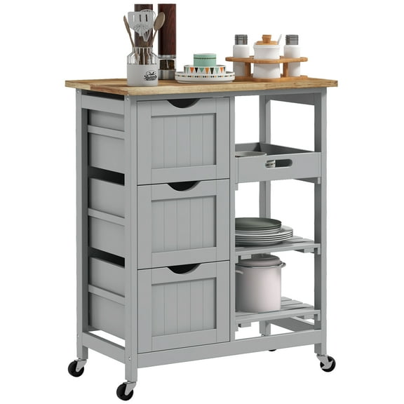 HOMCOM Rolling Kitchen Island Cart, Bar Serving Cart, Compact Trolley on Wheels with Wood Top, Shelves & Drawers for Home Dining Area, Gray
