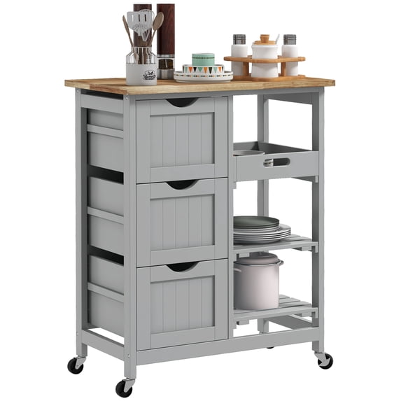 HOMCOM Rolling Kitchen Island Cart, Bar Serving Cart, Compact Trolley on Wheels with Wood Top, Shelves & Drawers for Home Dining Area, Gray