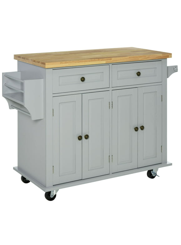 HOMCOM Rolling Kitchen Island Cart on Wheels with Rubber Wood Top, Spice Rack, Towel Rack & Drawers for Dining Room, Grey