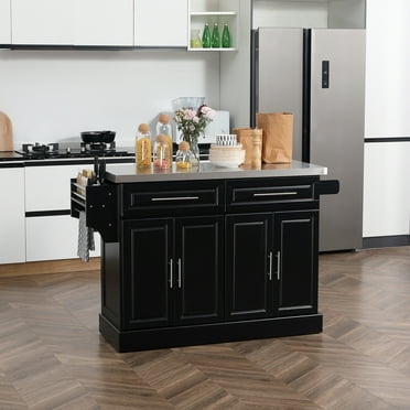 HOMCOM Rolling Kitchen Island Cart with Cabinets and Drawers, Black