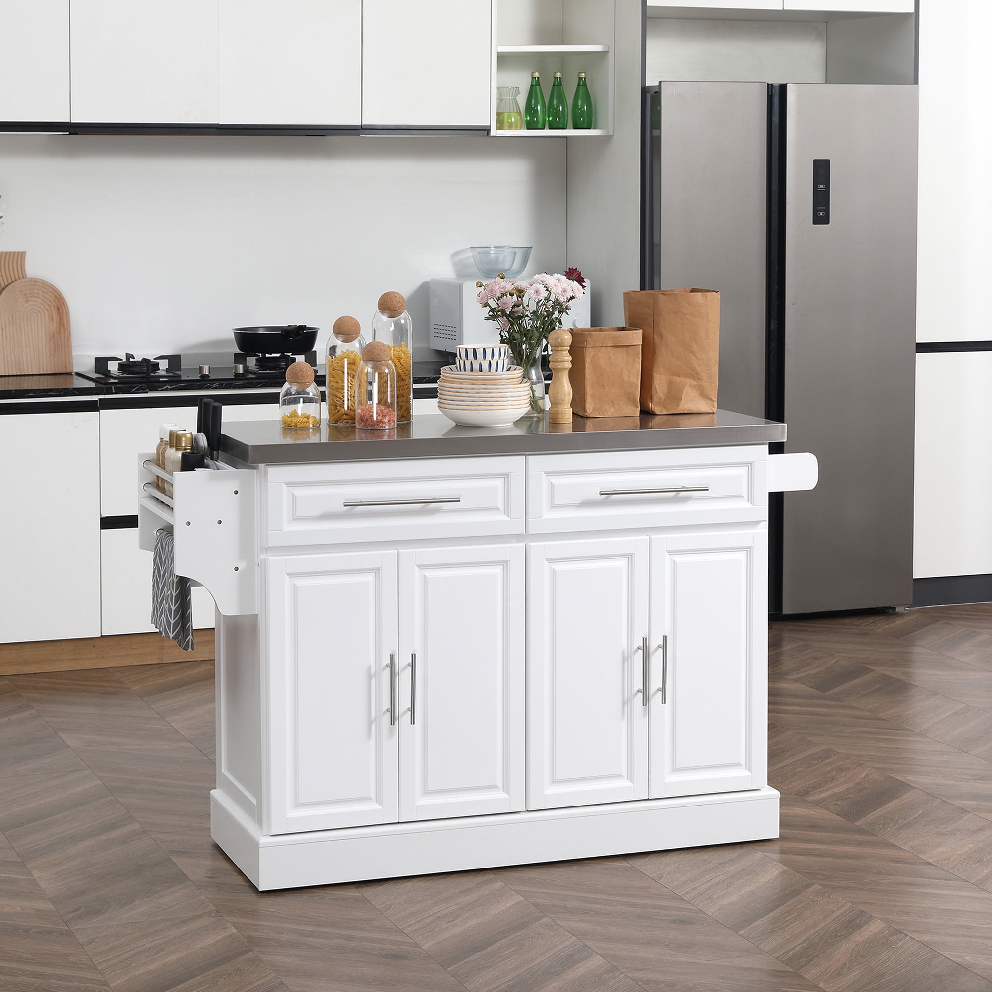 HOMCOM Rolling Kitchen Island Cart with Cabinets and Drawers, White