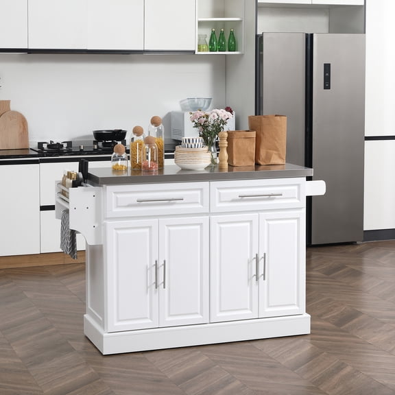HOMCOM Rolling Kitchen Island Cart with Cabinets and Drawers, White