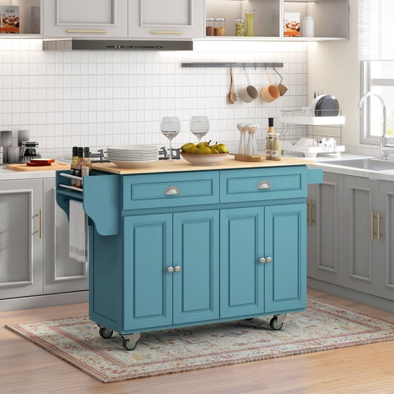 HOMCOM Rolling Kitchen Island Drop Leaf, Kitchen Cart on Wheels, Solid Wood Top Breakfast Nook with Storage Drawer, Cabinet, Spice Rack, Light Blue