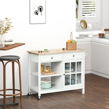 HOMCOM Rolling Kitchen Island with Storage, Kitchen Cart with Solid Wood Top, Glass Door Cabinet, Adjustable Shelf, Towel Rack, 2 Drawers for Dining Room, White