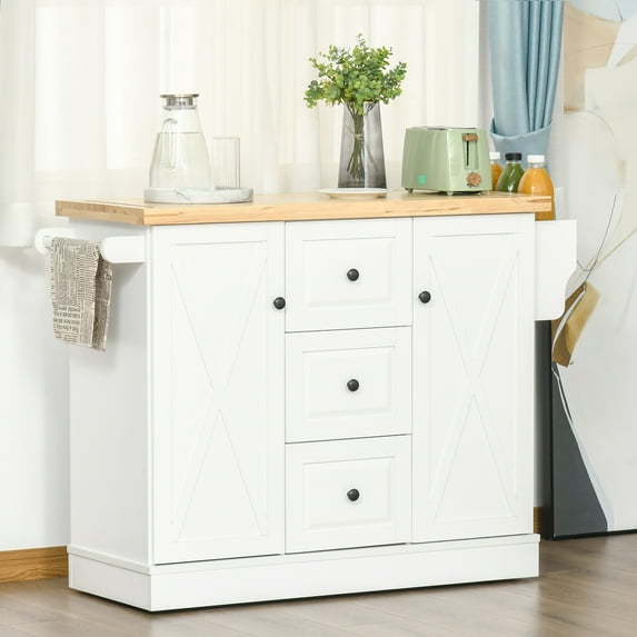 HOMCOM Rolling Kitchen Island with Storage, Kitchen Cart with Wood Top, 3 Drawers and 2 Barn Door Style Cabinet, Adjustable Shelves, Spice Rack, White