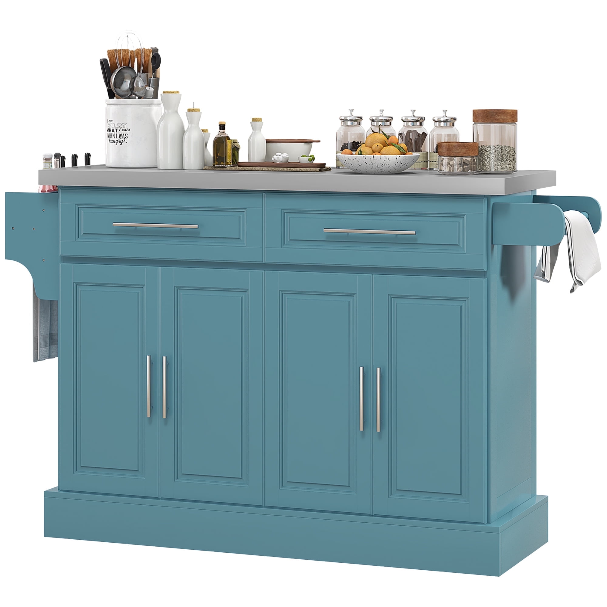Teal Blue Stainless Steel Kitchen Cart with Spice Rack and Storage