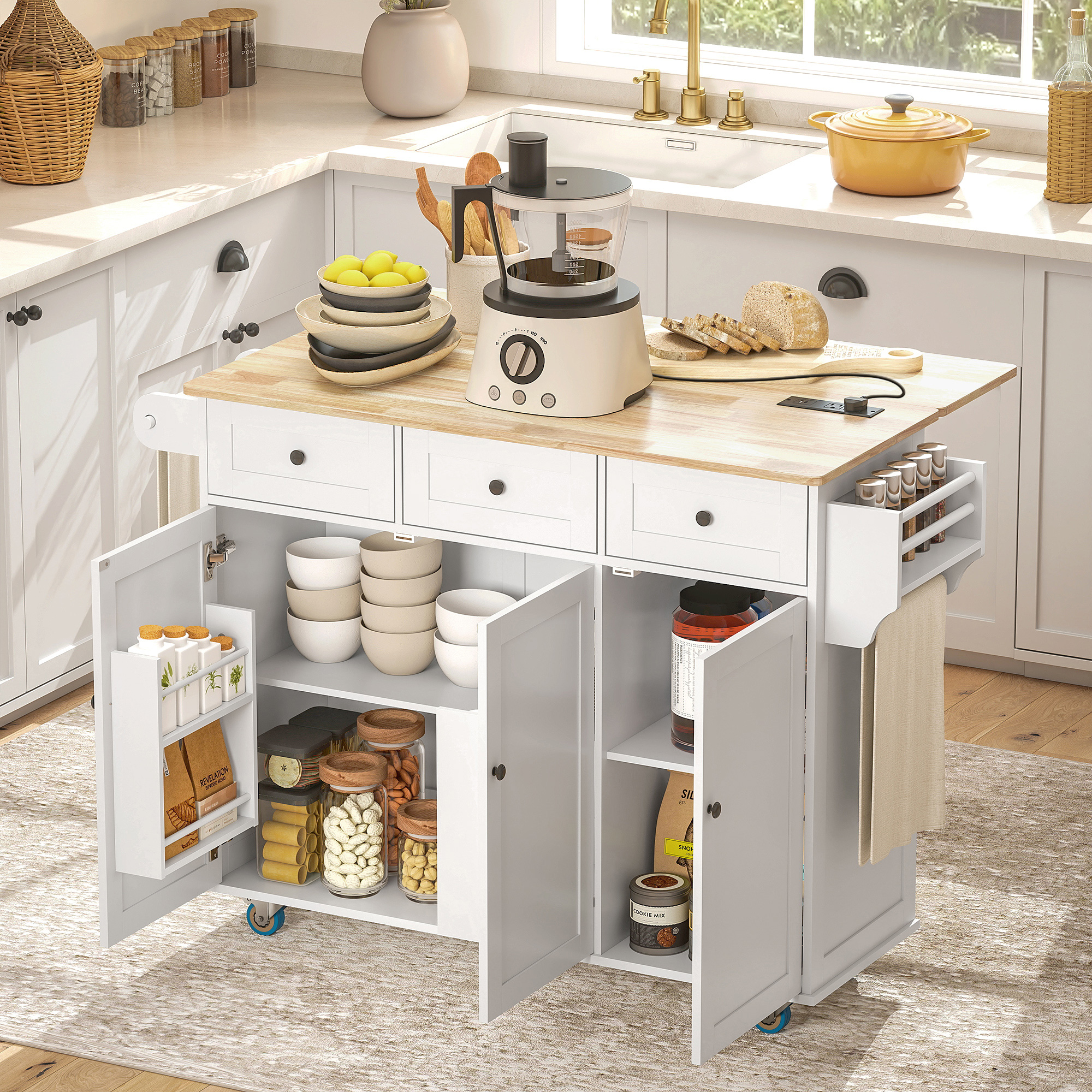 HOMCOM Rolling Kitchen Island with Charging Station and Drop Leaf, 53" Kitchen Island Table with Wood Top, 3 Drawers, Adjustable Shelf, White