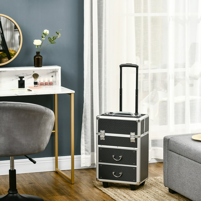 HOMCOM Rolling Makeup Train Case Large Storage Cosmetic Trolley Lockable Traveling Cart Trunk with Folding Trays Swivel Wheels and Keys Black