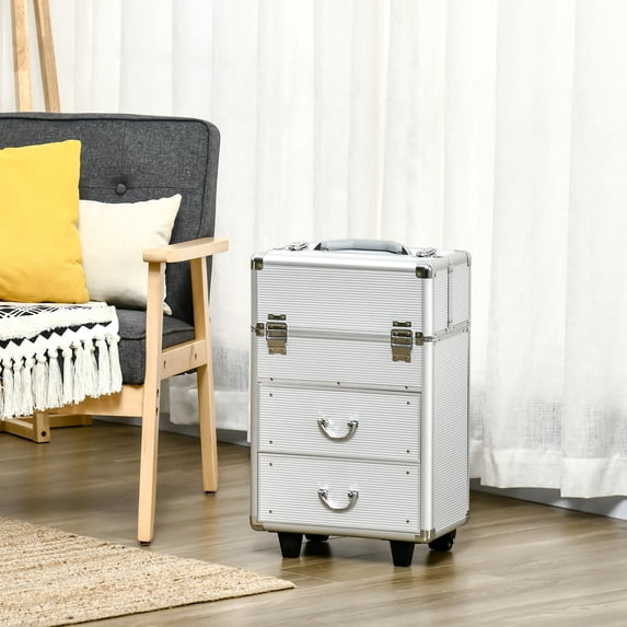 HOMCOM Rolling Makeup Train Case, Large Storage Cosmetic Trolley, Lockable Traveling Cart Trunk with Folding Trays, Swivel Wheels and Keys, Silver