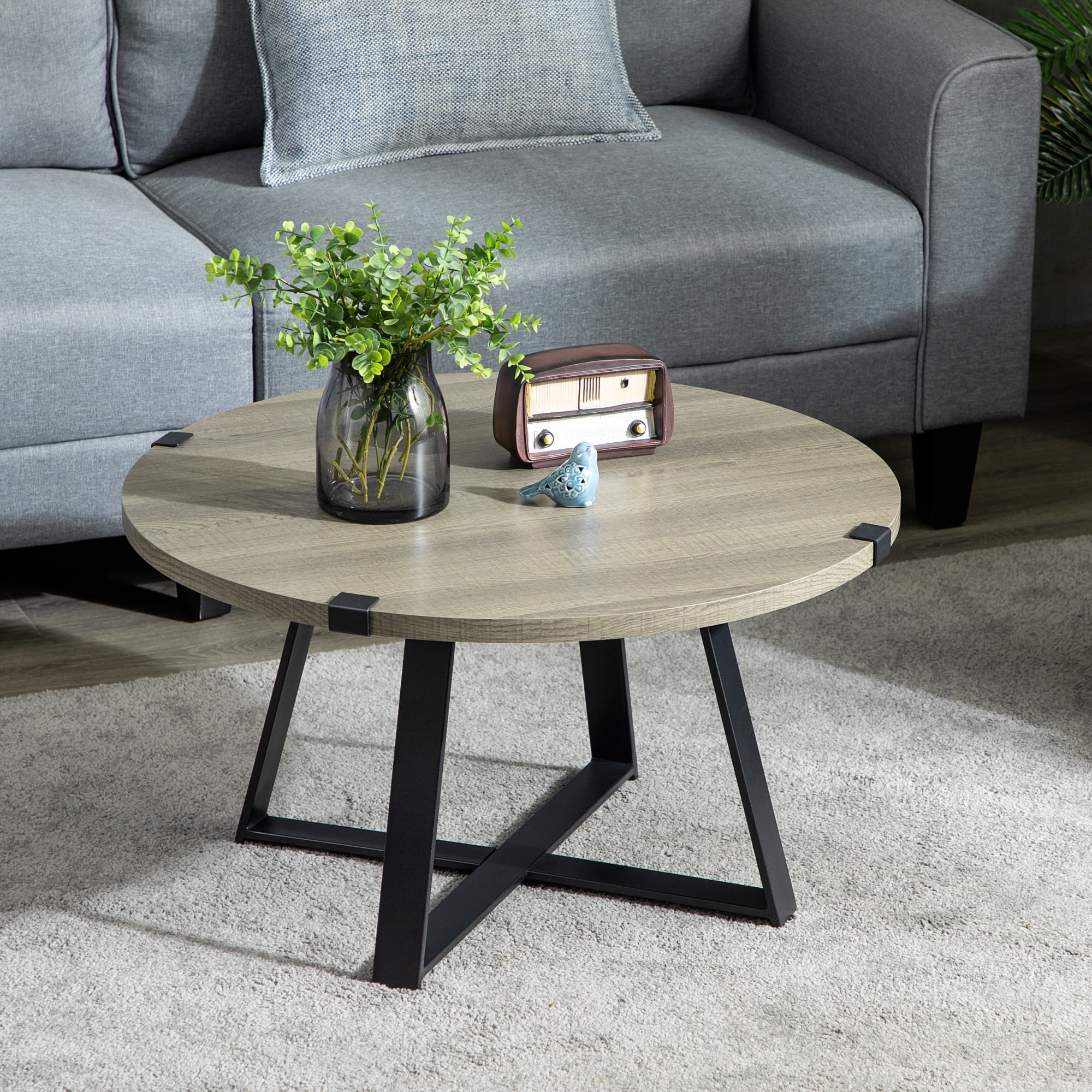Round Light Gray Wood and Metal Coffee Table