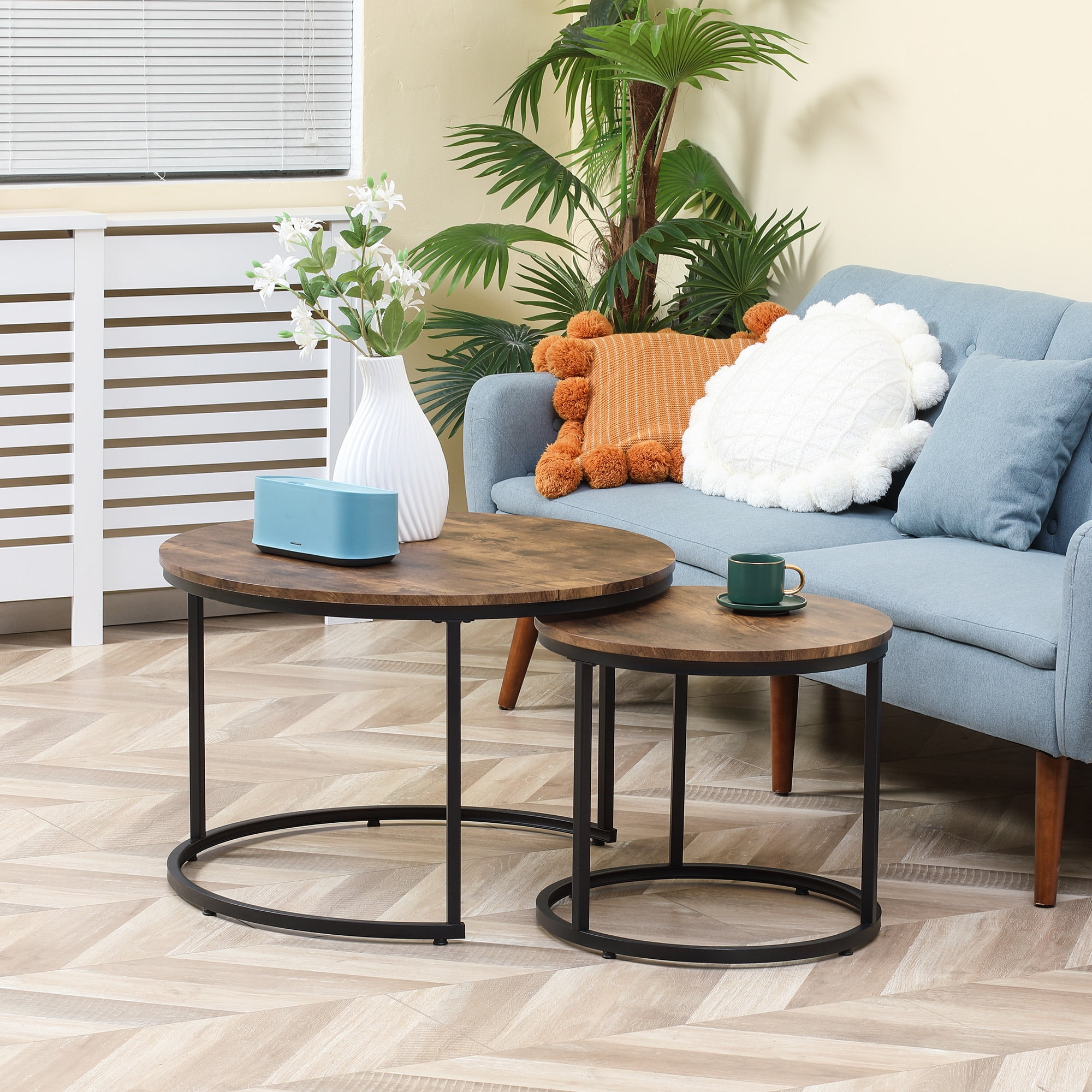 Rustic Brown Round Wood and Metal Nesting Coffee Tables Set