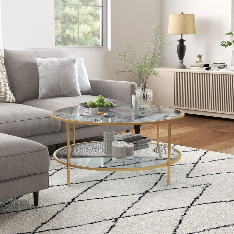Giantex Glass End Table Set Of 2 | Round Side Table With Faux Marble Shelf & Metal Frame, Gold Accent, For Living Room/Bedroom