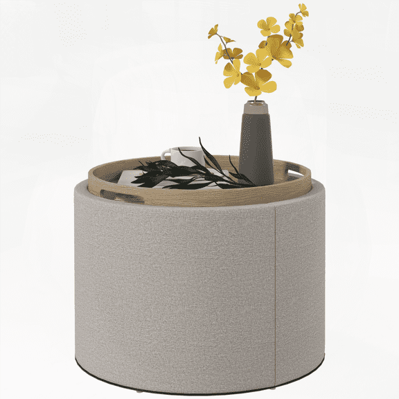 HOMCOM Round Storage Ottoman Coffee Table - Gray with Flip Top Tray & Concealed Storage