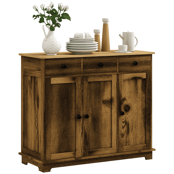 Dokea Rustic Brown Sideboard Storage Cabinet - 3 Drawers, Adjustable Shelves