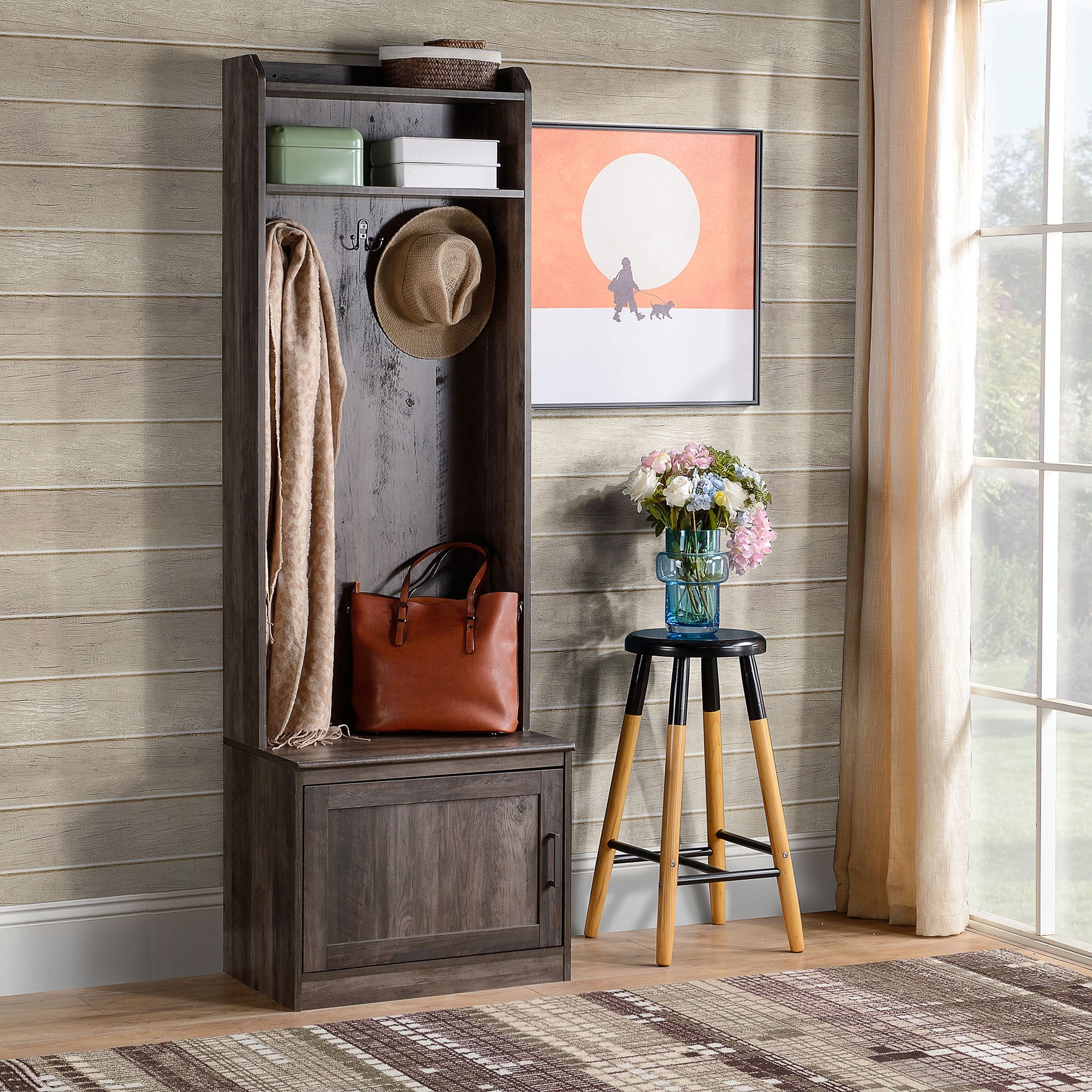 HOMCOM Rustic Hall Tree with Shoe Storage Bench Entryway Bench with Coat Rack Accent Coat Tree with Storage Shelves for Hallway Mudroom Brown Walmart Business Supplies