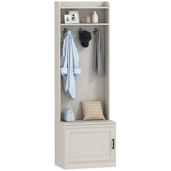 HOMCOM Rustic Hall Tree with Shoe Storage Bench, Entryway Bench with Coat Rack, Accent Coat Tree with Storage Shelves for Hallway, Mudroom, White