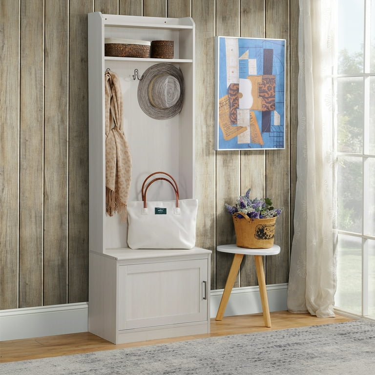 HOMCOM Rustic Hall Tree with Shoe Storage Bench Entryway Bench with Coat Rack Accent Coat Tree with Storage Shelves for Hallway Mudroom White