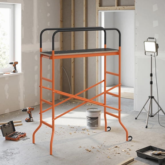 HOMCOM Scaffolding Work Platform, Rolling Scaffolding with Wheels, 440 Lbs Capacity Scaffold for Building Construction, Interior Painting, Orange