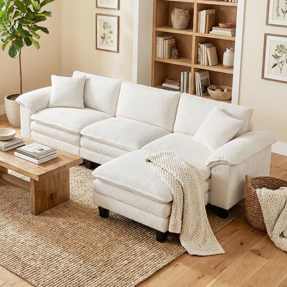 HOMCOM Sectional Sofa, L Shaped Couch with Deep Seat, Movable Ottoman and Pillow-top Armrests, Beige