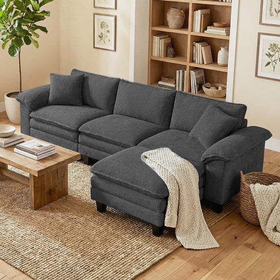 HOMCOM Sectional Sofa, L Shaped Couch with Deep Seat, Movable Ottoman and Pillow-top Armrests, Dark Gray