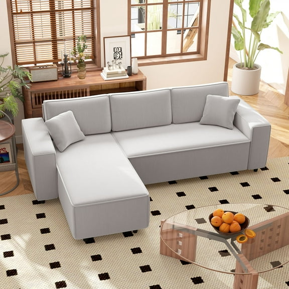 HOMCOM Sectional Sofa with Reversible Chaise, L-Shaped Corner Sofa Couch with Corduroy Fabric, Pocket Spring, 2 Pillows, Light Gray