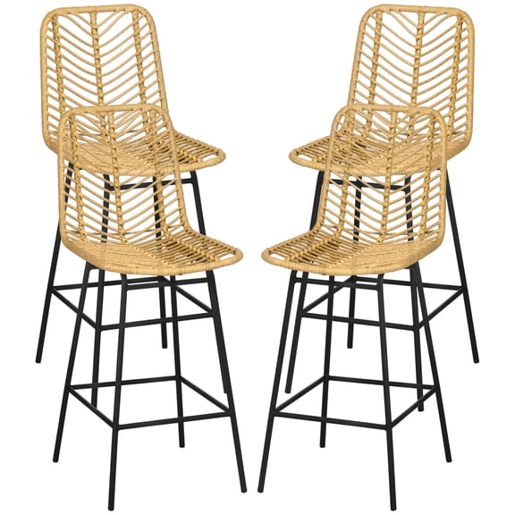 HOMCOM Set of 4 Yellow PE Rattan Counter Stools with Steel Legs and Footrest, 26" Seat Height Wicker Bar Stools for Kitchen Island, Dining Room, Pub, and Breakfast Bar