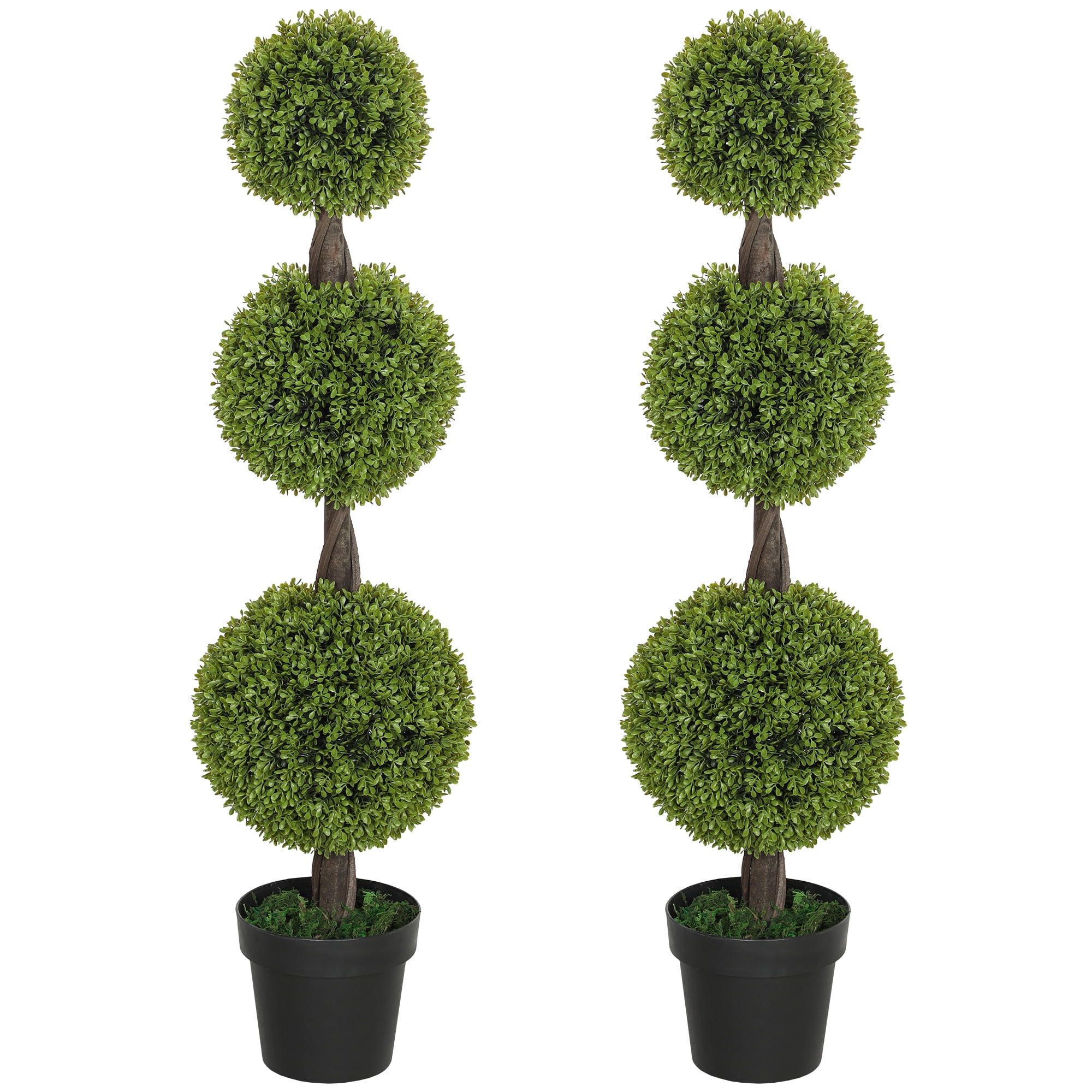 Set of 2 Green Plastic Boxwood Topiary Trees in Black Pots