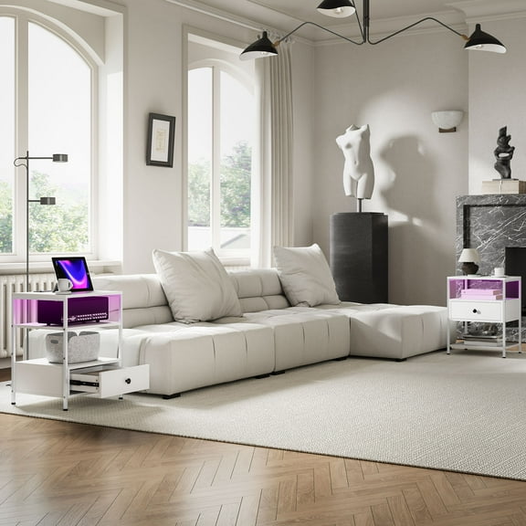 HOMCOM Set of 2 End Tables with Charging Stations & LED Lights, 3-Tier Side Tables with Drawer and Shelves for Living Room, White