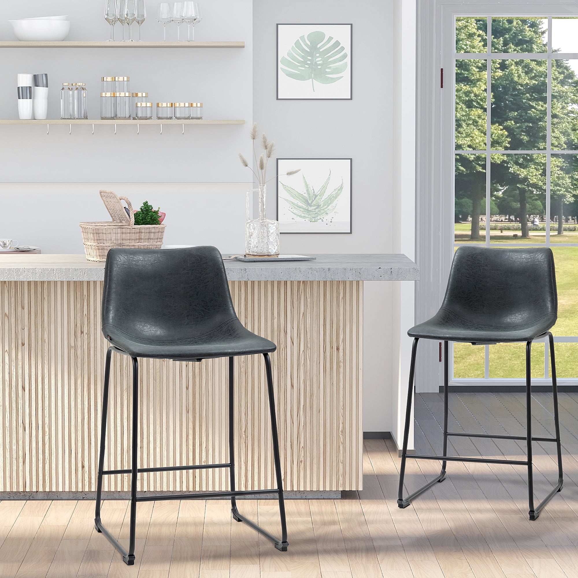 Black Faux Leather and Metal Counter Height Bar Stools Set