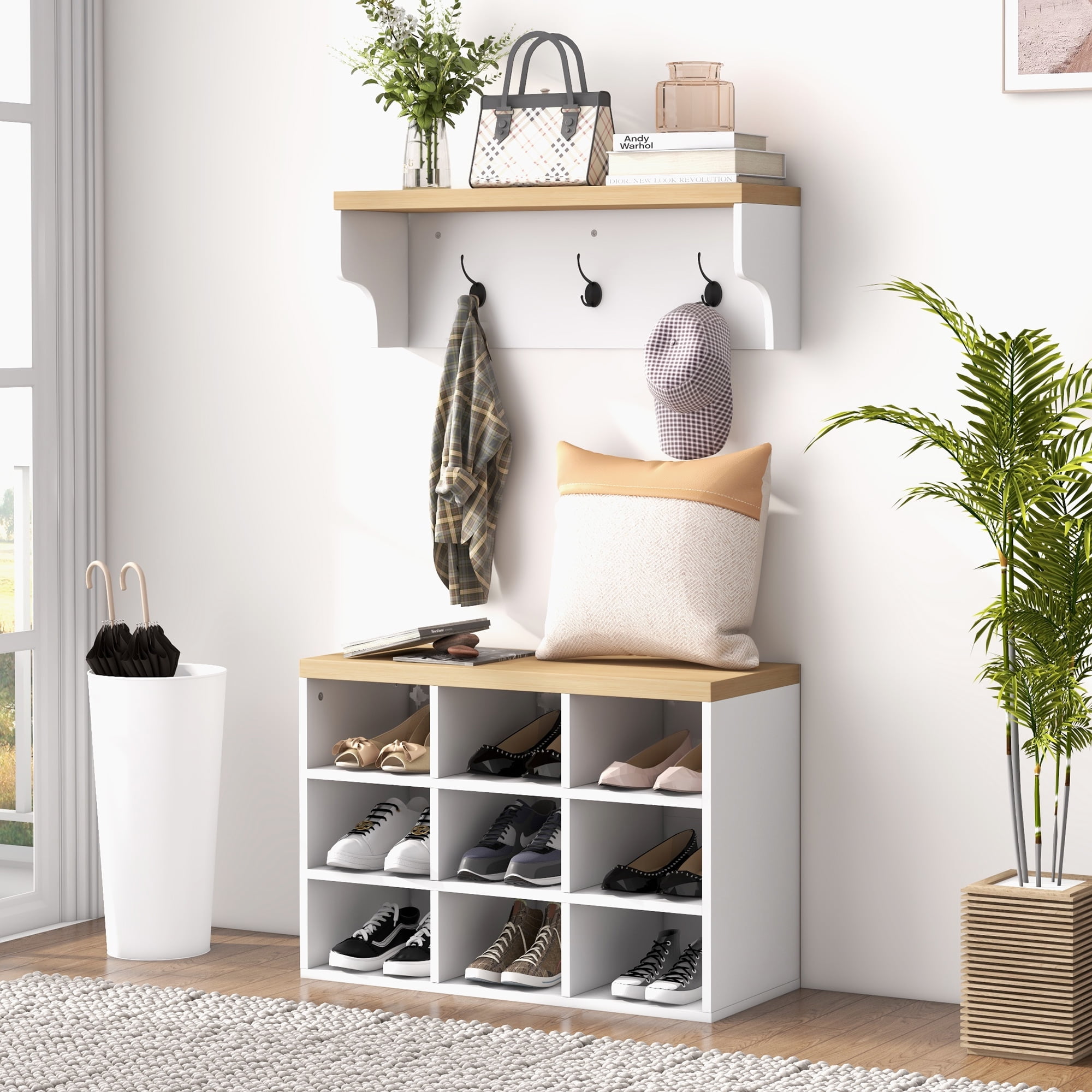 HOMCOM Entryway Mudroom Organizer Shoe Storage Bench Hanging Coat Rack Hanger Shelf White Walmart
